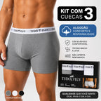 Cueca boxer cinza vestida, com as características: algodão, cós elástico confortável, tecido macio e leve