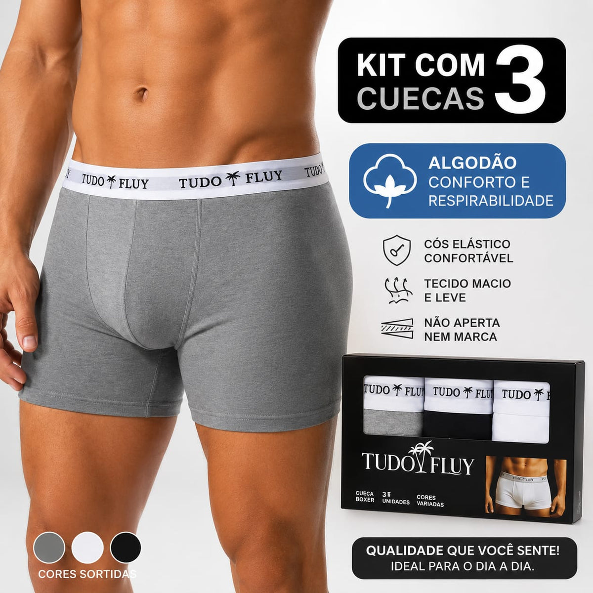 Cueca boxer cinza vestida, com as características: algodão, cós elástico confortável, tecido macio e leve