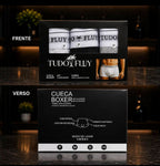 Frente e verso da caixa do kit de cueca boxer, com composição e modo de lavar