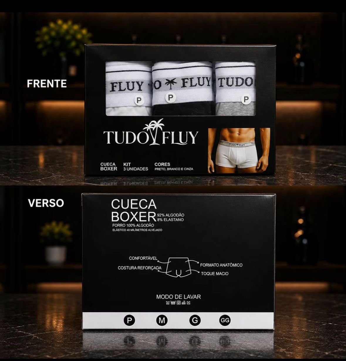 Frente e verso da caixa do kit de cueca boxer, com composição e modo de lavar