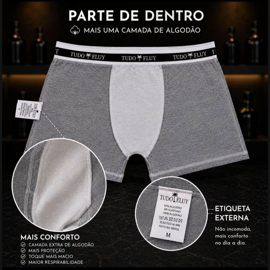 Parte de dentro da cueca boxer: camada extra de algodão no forro e etiqueta externa, que não raspa na pele