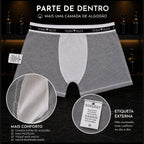 Parte de dentro da cueca boxer: camada extra de algodão no forro e etiqueta externa, que não raspa na pele