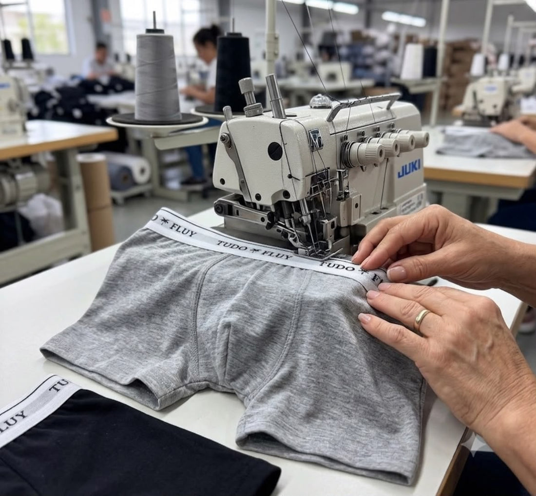 Costura de cueca boxer em máquina industrial na fábrica Tudo Fluy